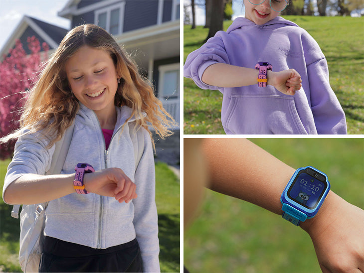 group of children looking at their OWLY 1 smartwatch