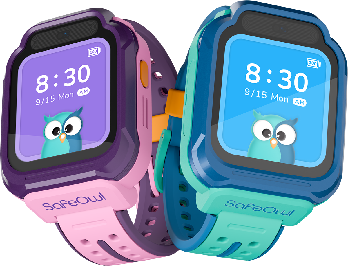 owly 1 kids smartwatches pink and blue facing away from each other